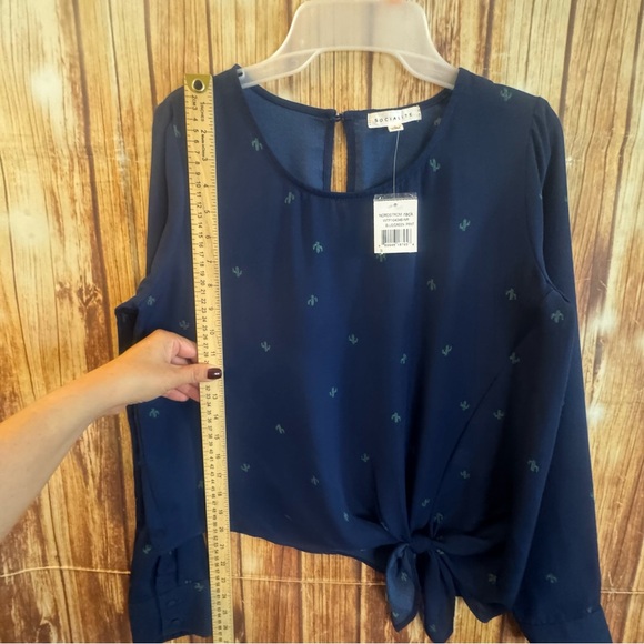 Socialite Women Long Sleeve Cactus Printed Navy Chiffon Knot Front Blouse Small - Picture 9 of 12